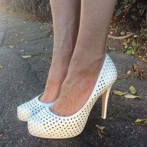 BCBGeneration white leather polka platform pump heels
